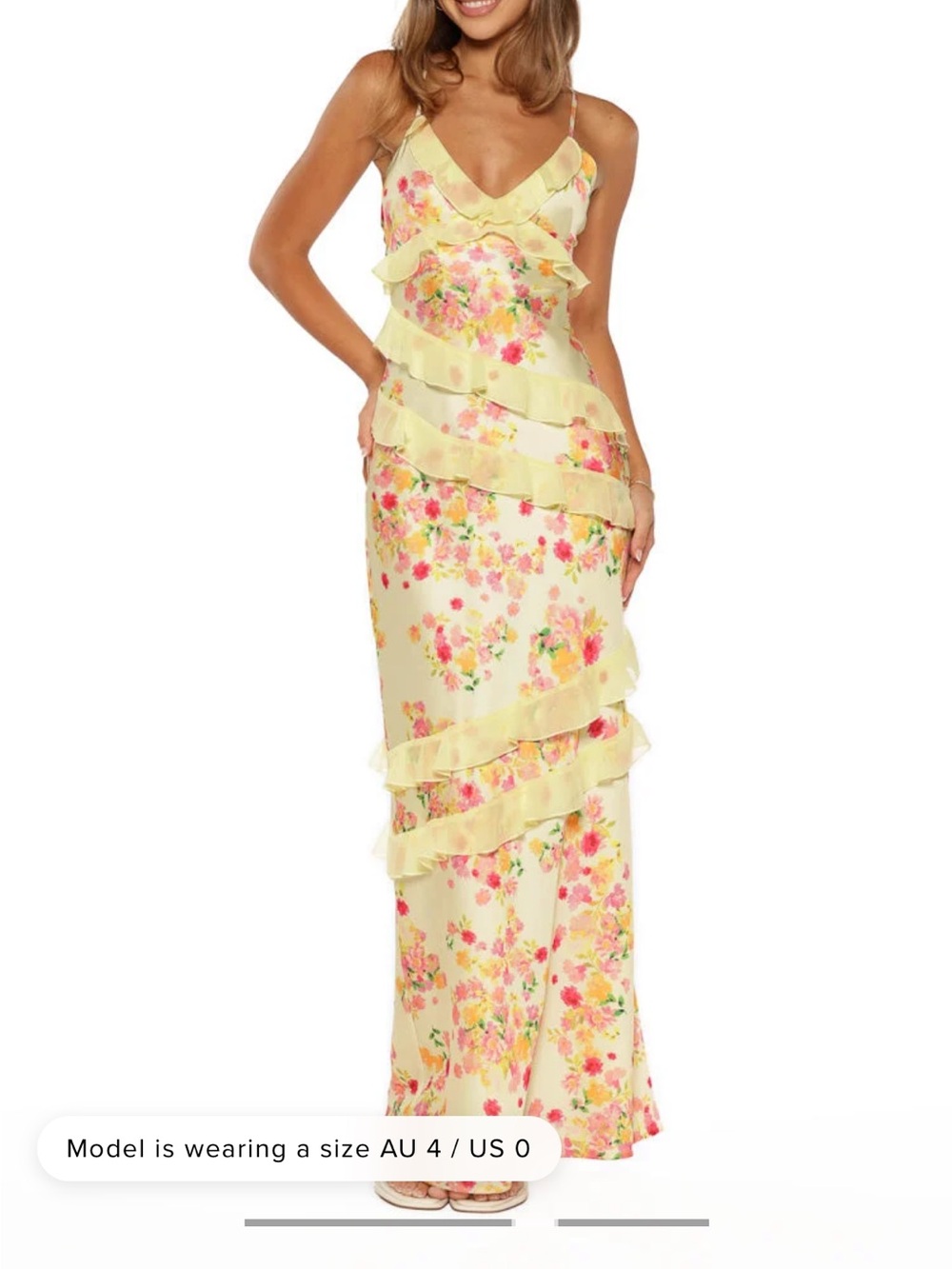 Floral Ruffle Satin Maxi Dress - Yellow Floral